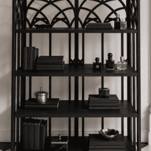 Elegant black metal Babylon Shelf with geometric design for modern decor.