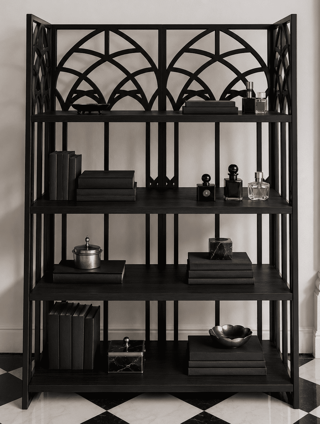 Elegant black metal Babylon Shelf with geometric design for modern decor.