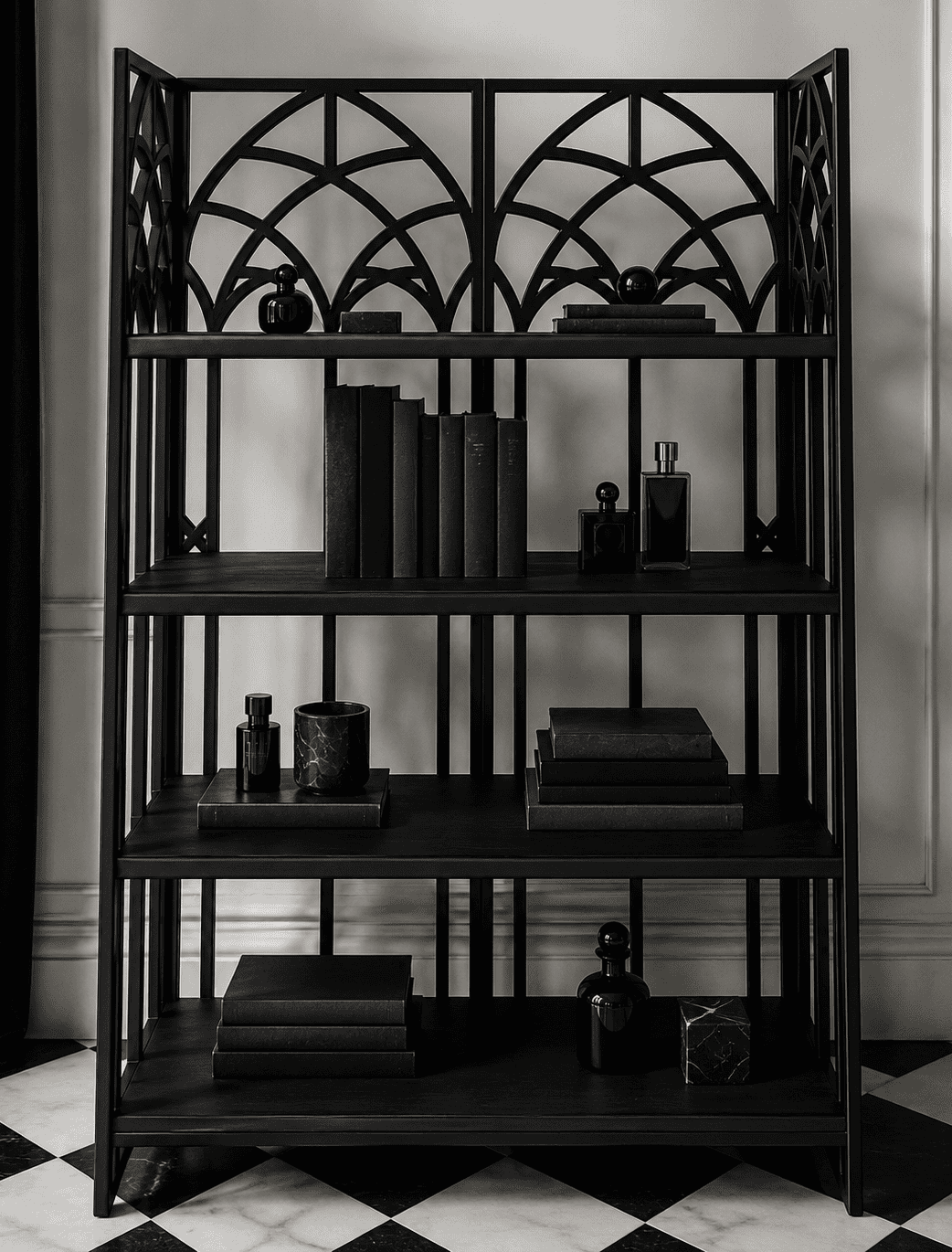 Elegant black metal bookshelf with decorative top and books and decor items.