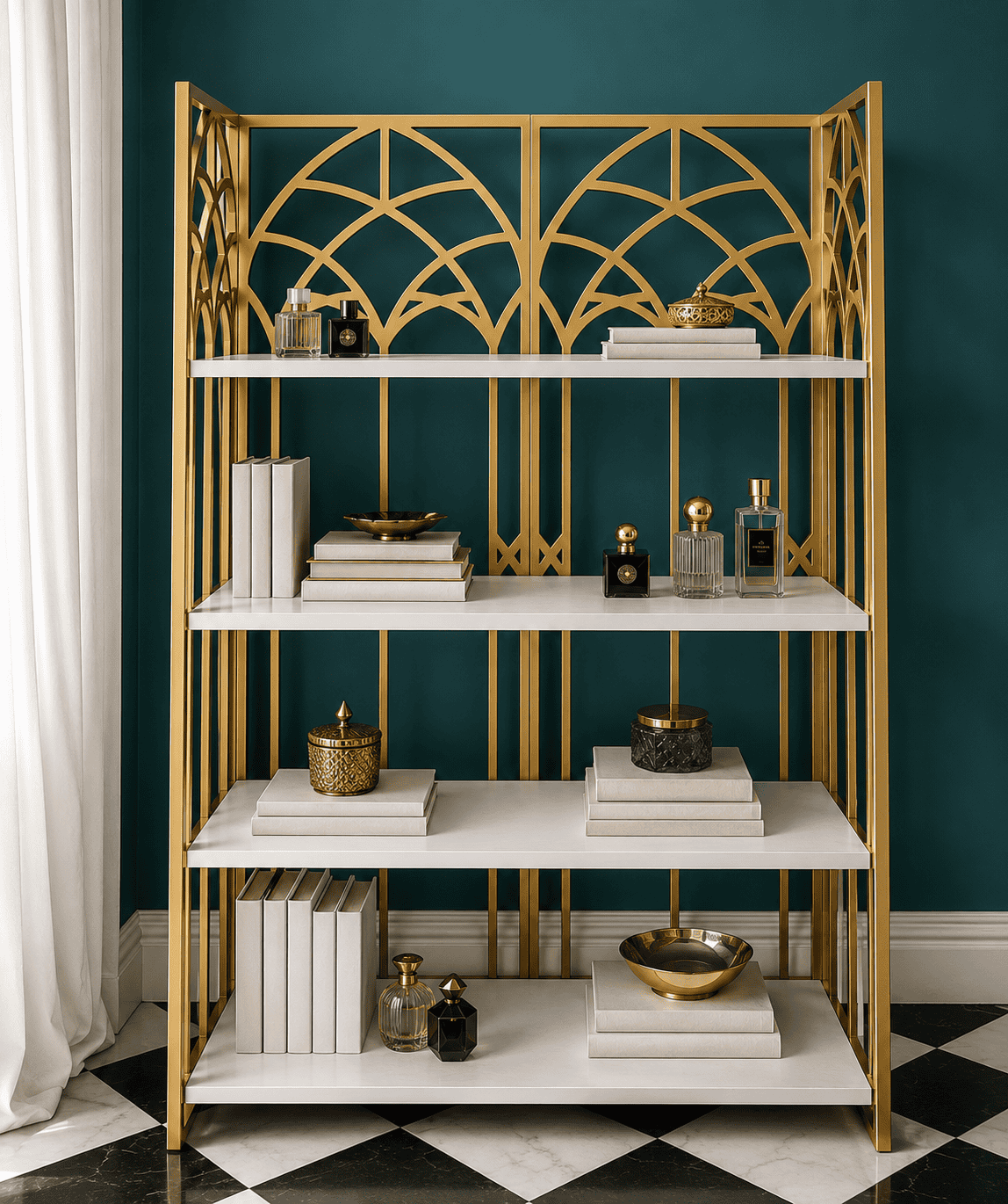 Elegant gold and white Babylon Shelf with decorative accessories and books.