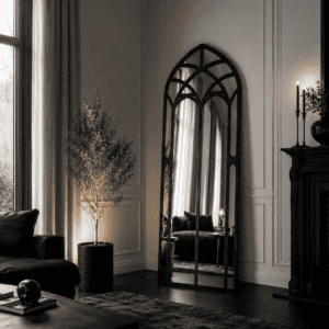 Elegant interior with a tall arched mirror and classic decor at Maison Caligari.